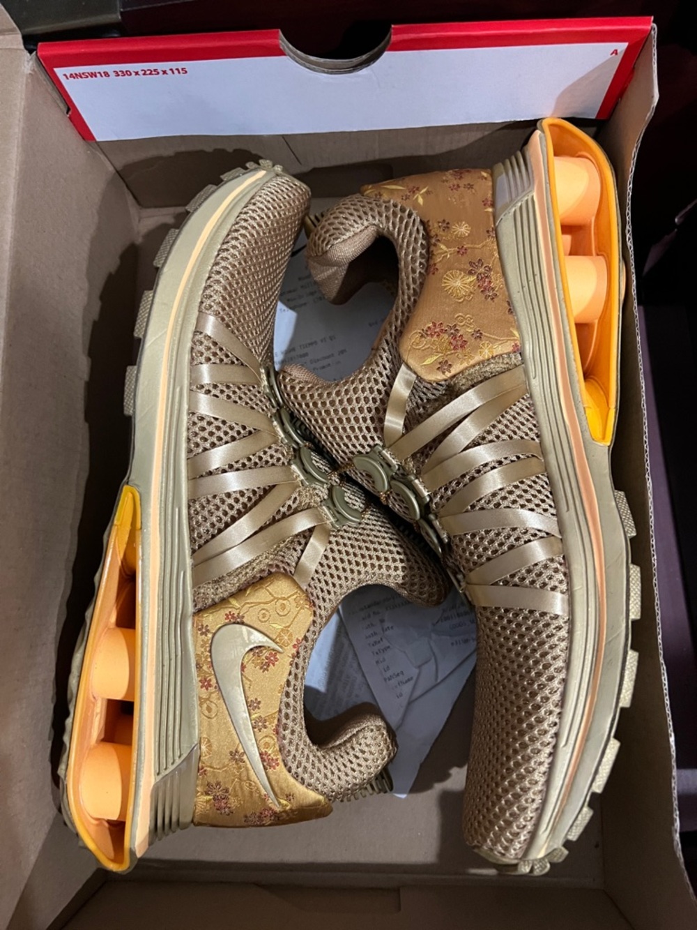 Nike Metallic Gold Floral Mesh Running Sneakers with Orange Cushion